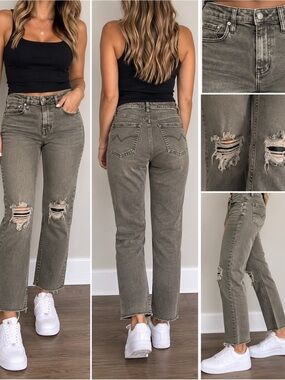 Cleo + Wolf Distressed High Rise Straight Leg Jeans in Olive Gray 26/27